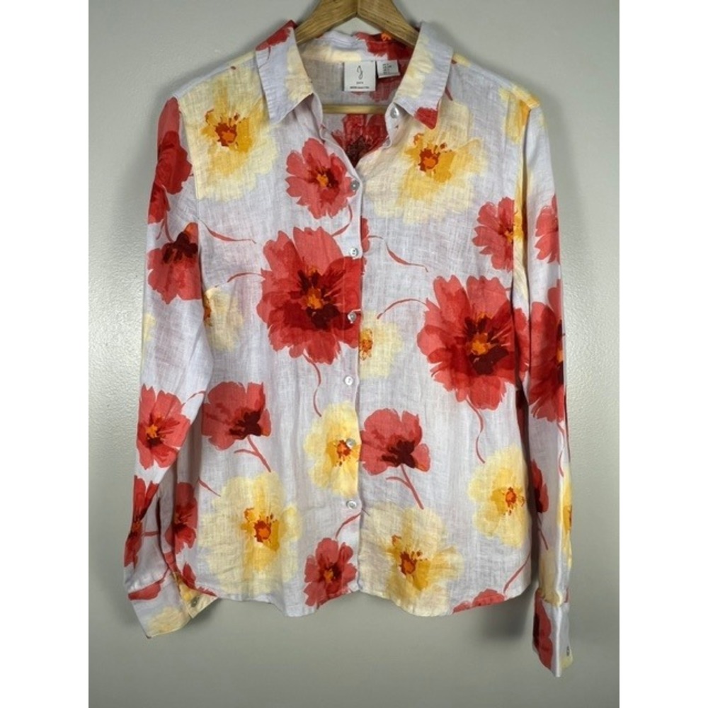 Joie Womens Red Yellow Floral 100% Linen Long Sleeve Button Down Shirt Size L
